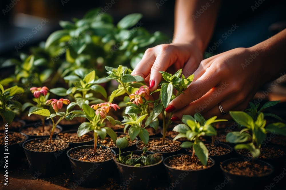 Close-up of hands nurturing young fuchsia plants in black soil, symbolizing growth and the start of new life Close-up of hands nurturing young fuchsia plants in black soil, symbolizing growth and the start of new life