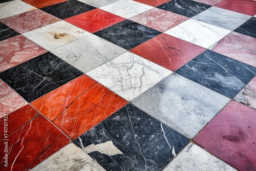 Red  White  Black and Pink Checkered Marble Floor Tiles