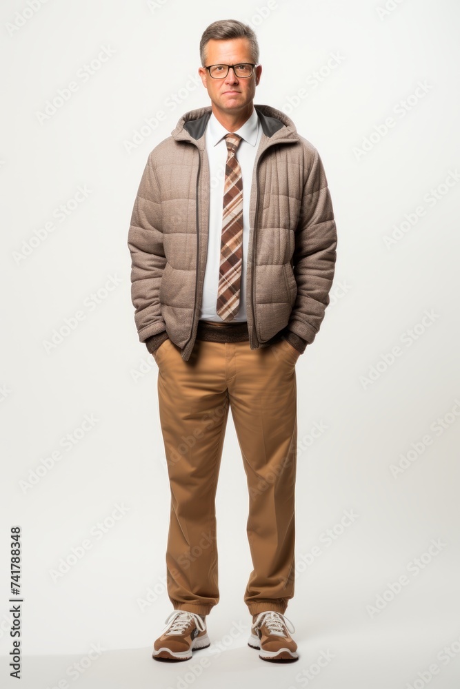 A man wearing a brown jacket, white shirt, and brown pants is posing in front of a white background A man wearing a brown jacket, white shirt, and brown pants is posing in front of a white background