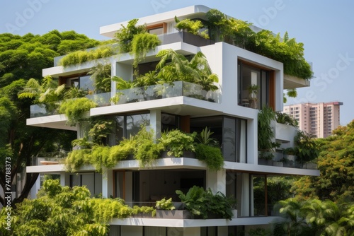 Eco-friendly residential building with lush vertical gardens and urban skyline background.