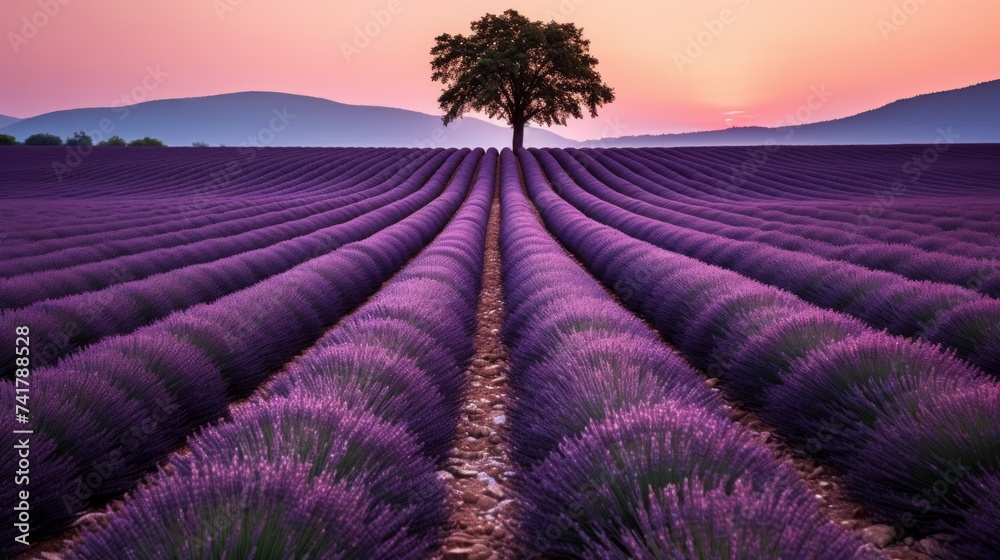 Lavender field with a tree at sunset