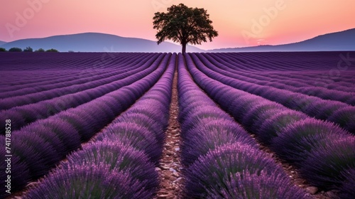Lavender field with a tree at sunset