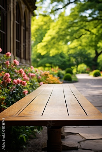 Wooden table in a beautiful garden with pink flowers and green trees in the background