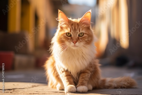 A ginger cat is sitting on the ground in the sunlight