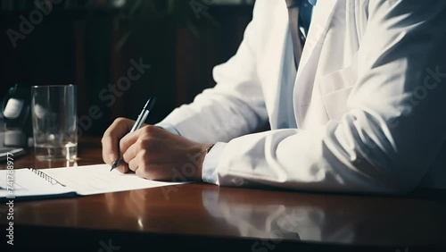Close-up of a male doctor hand holding a pen and writing. photo