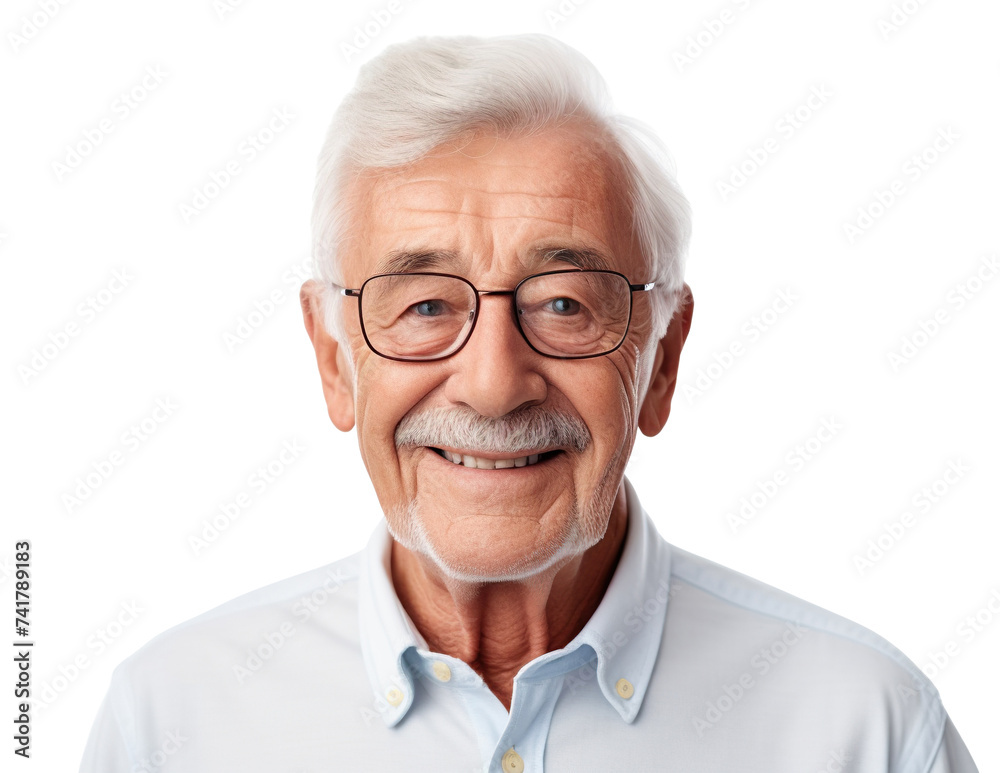 Smiling elderly man with grey mustache and glasses, cut out Smiling elderly man with grey mustache and glasses, cut out