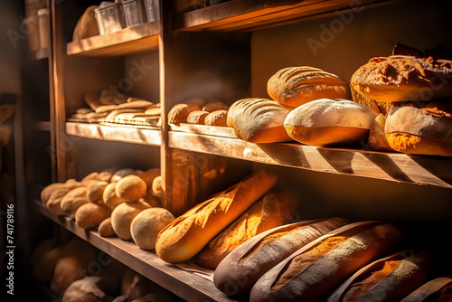 Rustic Bakery Ambiance. This inviting image showcases an assortment of bread on timber shelves, basking in a cozy, golden light, portraying the warmth of a rustic bakery setting.