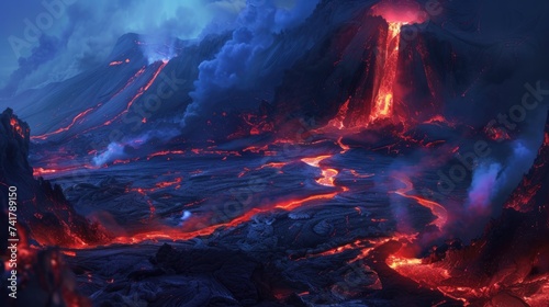 A lava river, as hot magma erupts from the ground and flows down. Generative AI
