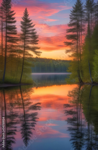 evening sunset, pine trees reflected on smooth water, landscape, mobile phone wallpaper, canvas print © Yliya