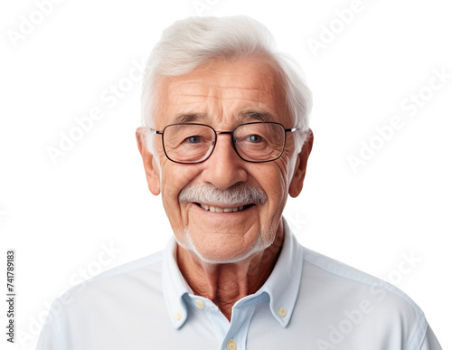 Smiling elderly man with grey mustache and glasses, cut out