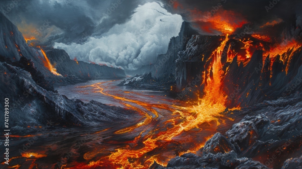 A lava river, as hot magma erupts from the ground and flows down. Generative AI