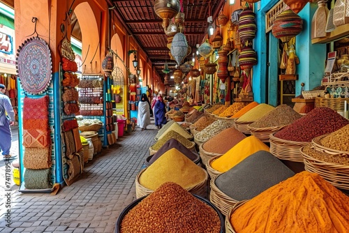 open air spice bazar with bowls full of colorful condiments photo