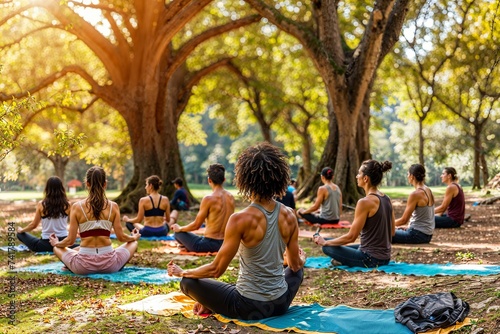 Yoga class in the park on a...