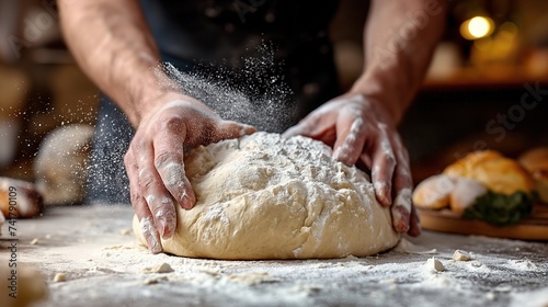 Cinematic close up of professional artisan baker chef is making with flour loaf of dough for preparation of pasta  pizza and other pastries in rustic bakery kitchen