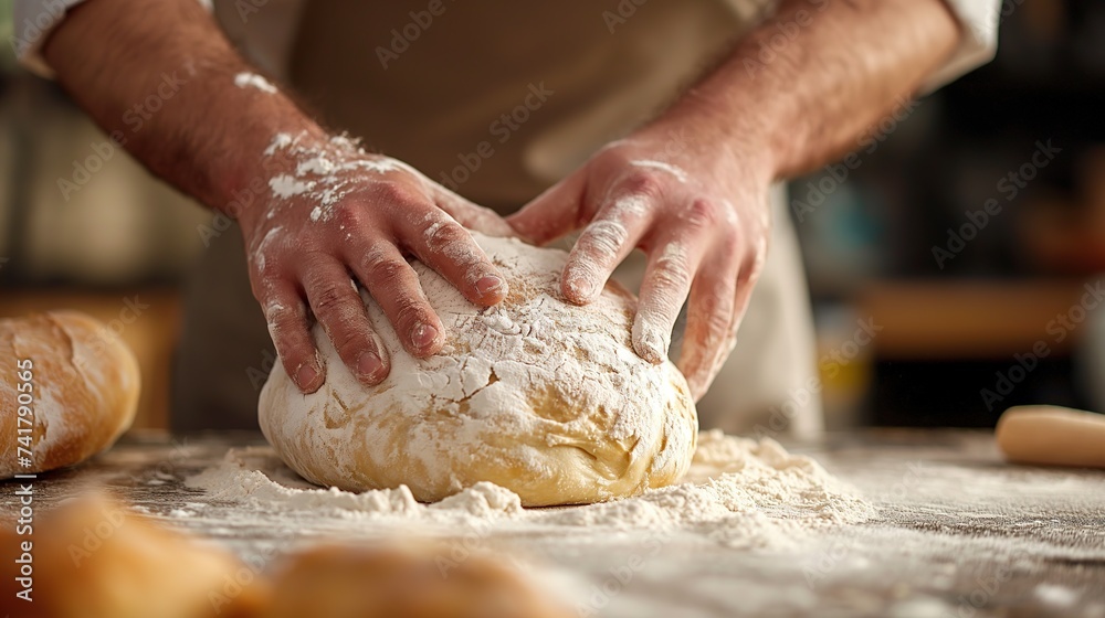 Cinematic close up of professional artisan baker chef is making with flour loaf of dough for preparation of pasta, pizza and other pastries in rustic bakery kitchen Cinematic close up of professional artisan baker chef is making with flour loaf of dough for preparation of pasta, pizza and other pastries in rustic bakery kitchen