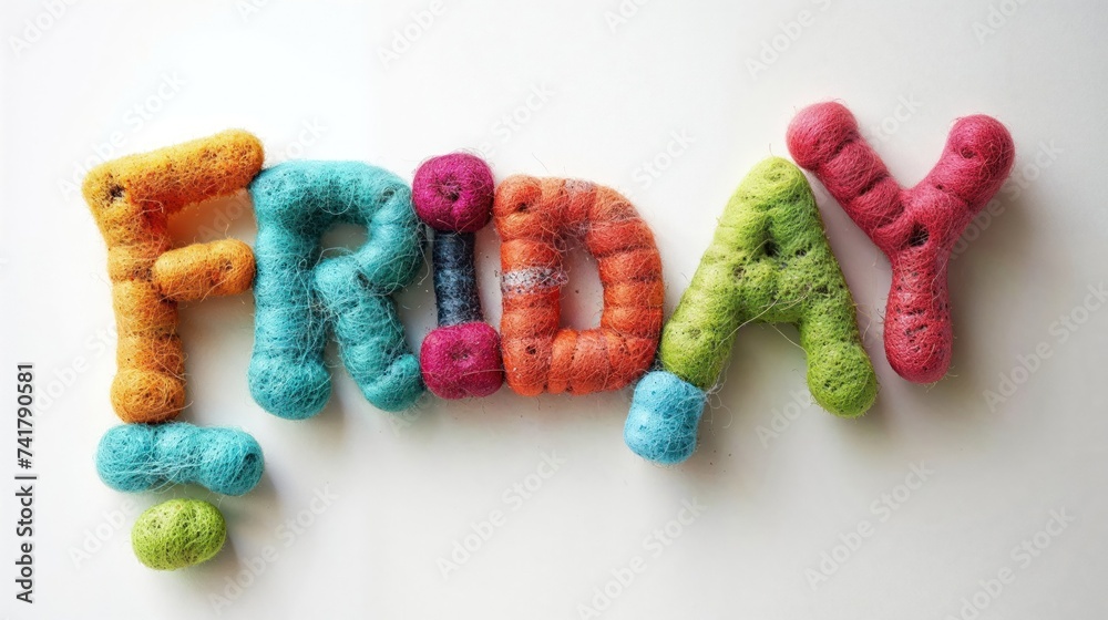 The word Friday in colorful felt letters on white background
