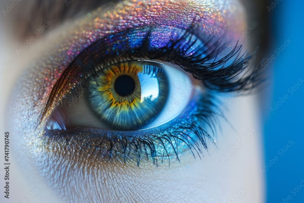 Close-up of a woman's eye with blue and green eyeshadow Close-up of a woman's eye with blue and green eyeshadow