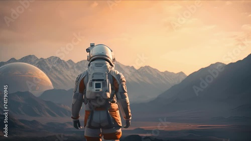 Astronaut exploring an exoplanet. Sci-fi colonist in spacesuit walks on the surface of another planet. People in space. Galactic travel and science concept. photo
