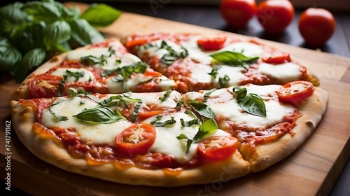 A delicious pizza with fresh basil and tomatoes