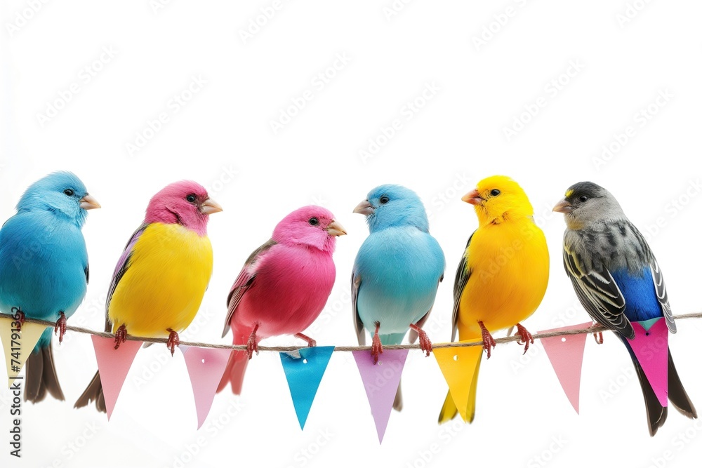 Group of vibrant birds resting on top of a clothes line against a white background.