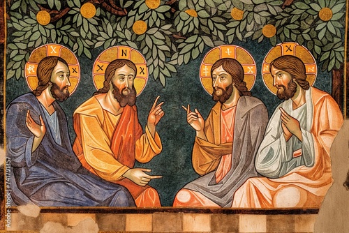 Painting depicting three men engaged in conversation, possibly portraying communication between Jesus and Peter.