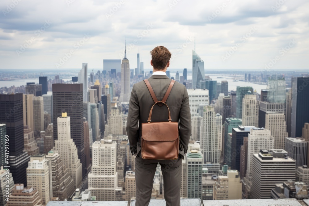 Businessman looking at cityscape from rooftop Businessman looking at cityscape from rooftop