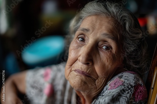 Old woman deeply focused, sitting in chair and looking upwards with a thoughtful expression.
