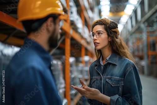 Forewoman in hard hat conversing with male worker in industrial warehouse setting.