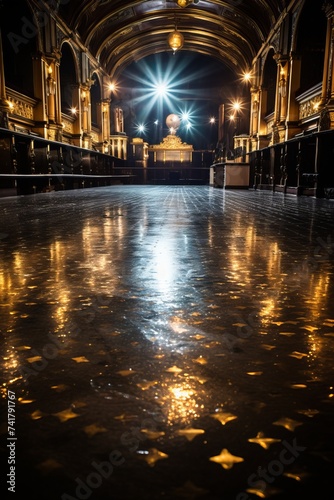 An empty ballroom with a shiny floor and a stage with bright lights photo