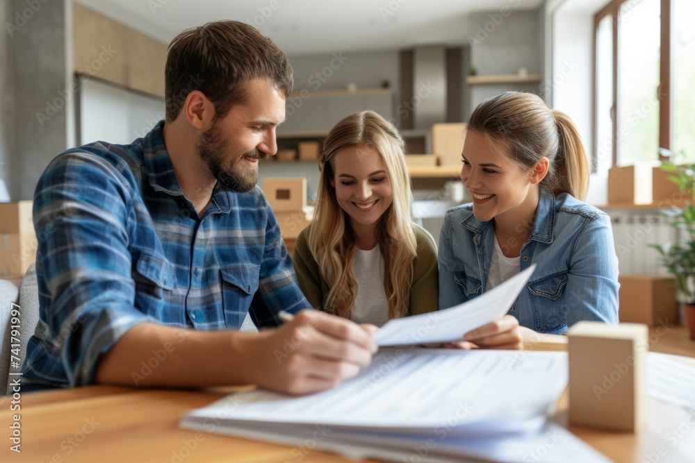 Three people are discussing a document while sitting around a table Three people are discussing a document while sitting around a table