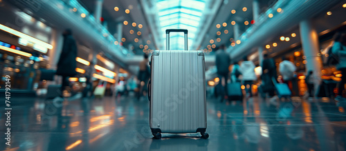 Gray suitcase on wheels stands in the middle of the airport terminal or train station, against the backdrop of fast moving people. 