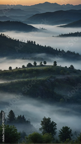 Morning haze over the mountains presenting a captivating and refreshing nature image with a sense of tranquility.