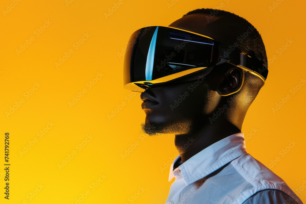 A man immerses himself in a digital world, his human face obscured by virtual reality goggles, as he stands against a wall, donning the futuristic eyewear with a sense of awe and curiosity A man immerses himself in a digital world, his human face obscured by virtual reality goggles, as he stands against a wall, donning the futuristic eyewear with a sense of awe and curiosity