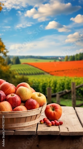 A basket of apples on a wooden table with a field of flowers in the background