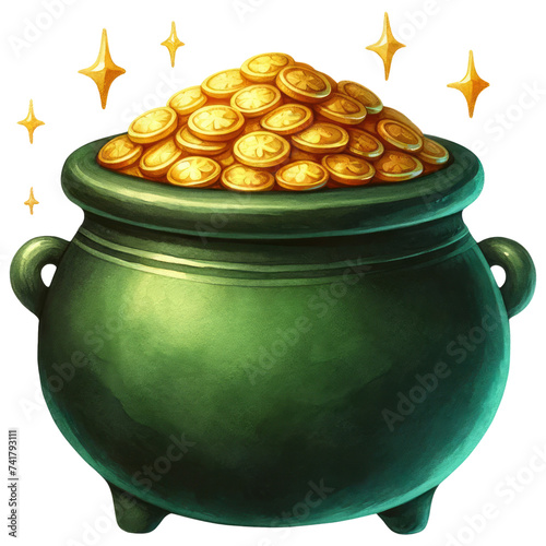 St Patricks Day pot of gold coins, watercolor, celebration, isolated on transparent background © BussarinK