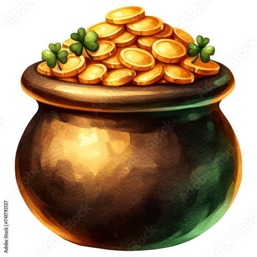 St Patricks Day pot of gold coins with shamrock, watercolor, celebration, isolated on transparent background © BussarinK