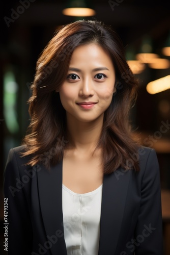 Portrait of a young Asian businesswoman smiling in a dimly lit room