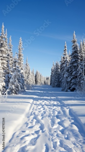 A winter wonderland of snow-covered trees and a snowy path © Adobe Contributor