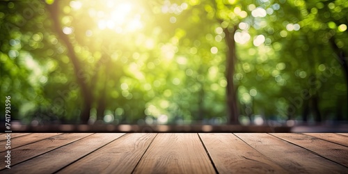 Wooden perspective amidst blurred trees  bokeh backdrop  spring and summer ambiance.