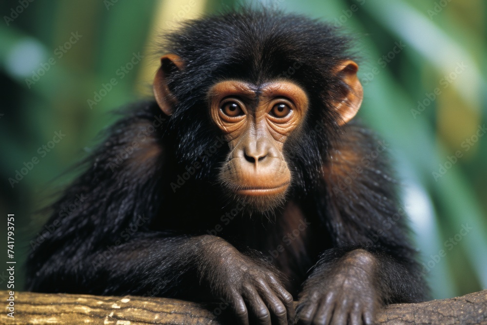 A portrait of a young chimpanzee with dark fur and brown eyes A portrait of a young chimpanzee with dark fur and brown eyes