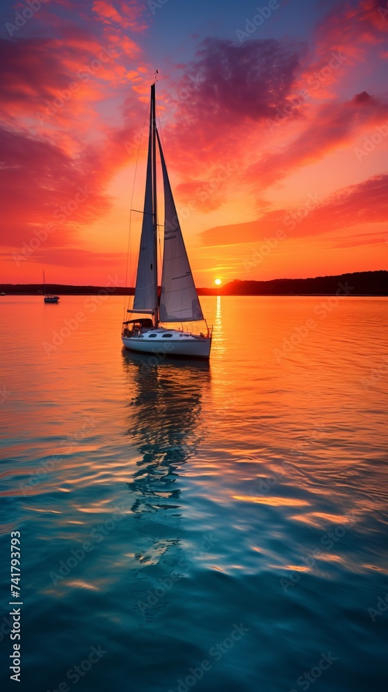 sailboat on calm water at sunset with vibrant red orange sky