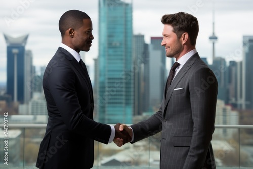 Two businessmen shaking hands with a cityscape in the background