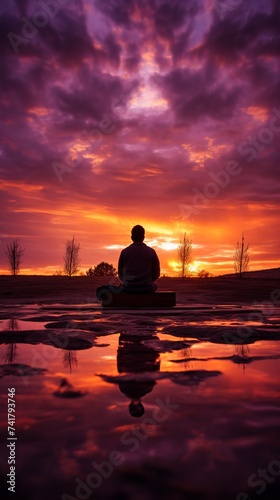 Man watching a beautiful sunset over the water © Adobe Contributor