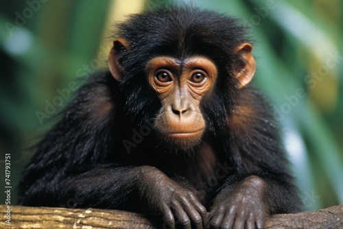 A portrait of a young chimpanzee with dark fur and brown eyes © Adobe Contributor