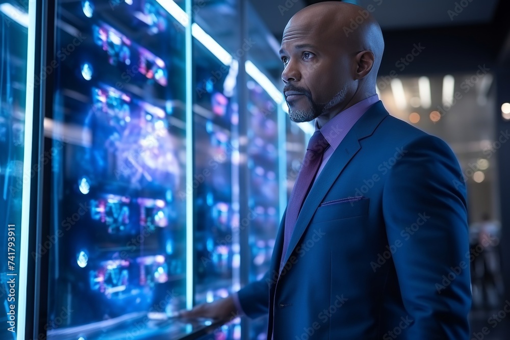 A bald black man in a suit and tie watches the work of a huge innovative AI server A bald black man in a suit and tie watches the work of a huge innovative AI server