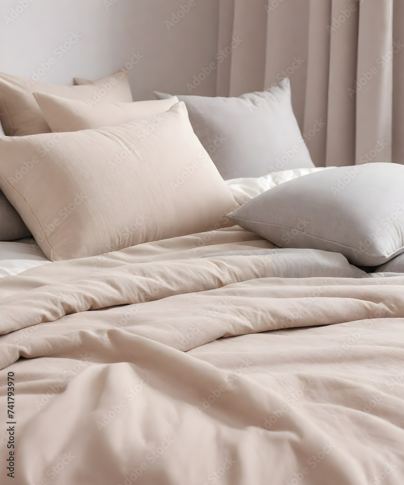 Close-up of a bedroom with a large bed and pillows on it. Bed linen with pillows on a large bed is beige.