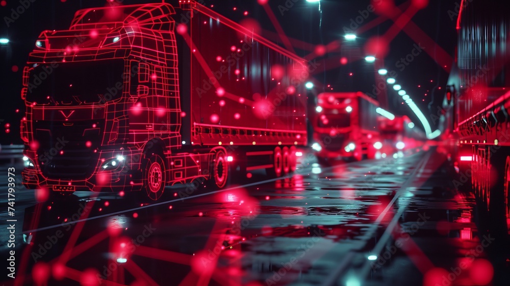 cinematic dark logistics network with multiple european red trucks with neon connecting dots and lines. Vector tech polygonal technology background with red bus transport service.