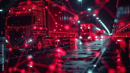 cinematic dark logistics network with multiple european red trucks with neon connecting dots and lines. Vector tech polygonal technology background with red bus transport service.