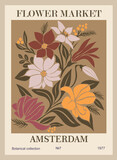 Abstract Flower Market Amsterdam poster. Trendy botanical wall art with floral design in danish pastel colors. Modern naive groovy funky retro interior decoration, painting. Vector art illustration.