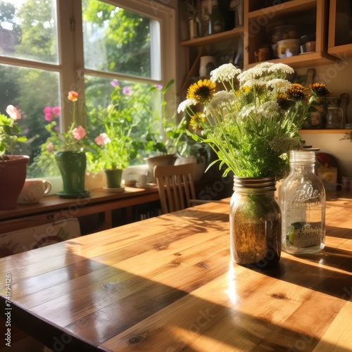 A beautiful bouquet of flowers in a jar sits on a wooden table in front of a window.
